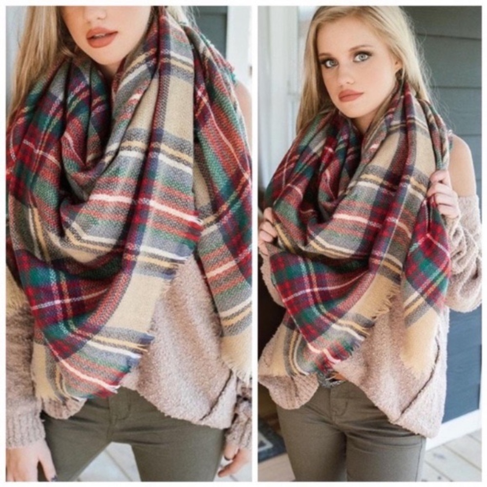 HOST PICK-LAST Beige Plaid Fall Blanket Scarf